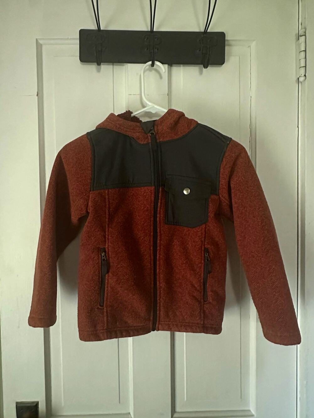 REI Boys XS (6/7) Hooded Full Zip Fleece Hoodie Jacket w/ Pockets Brown/Black